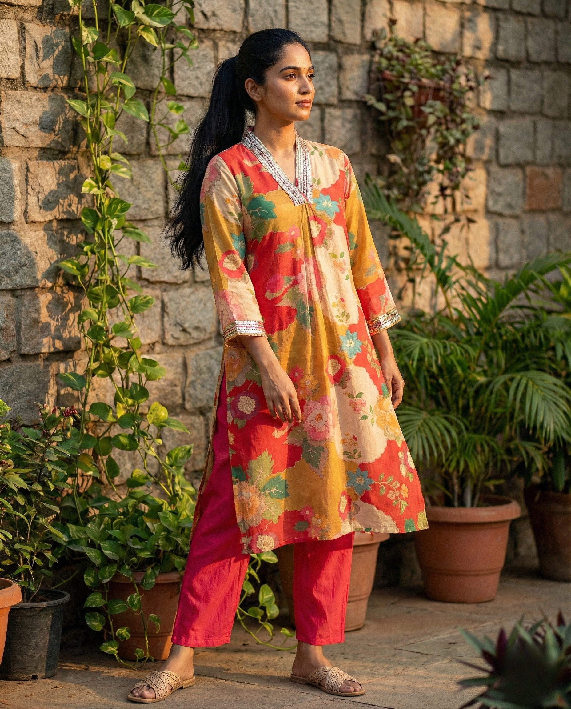 Abstract Mustard coral Floral Muslin KP set