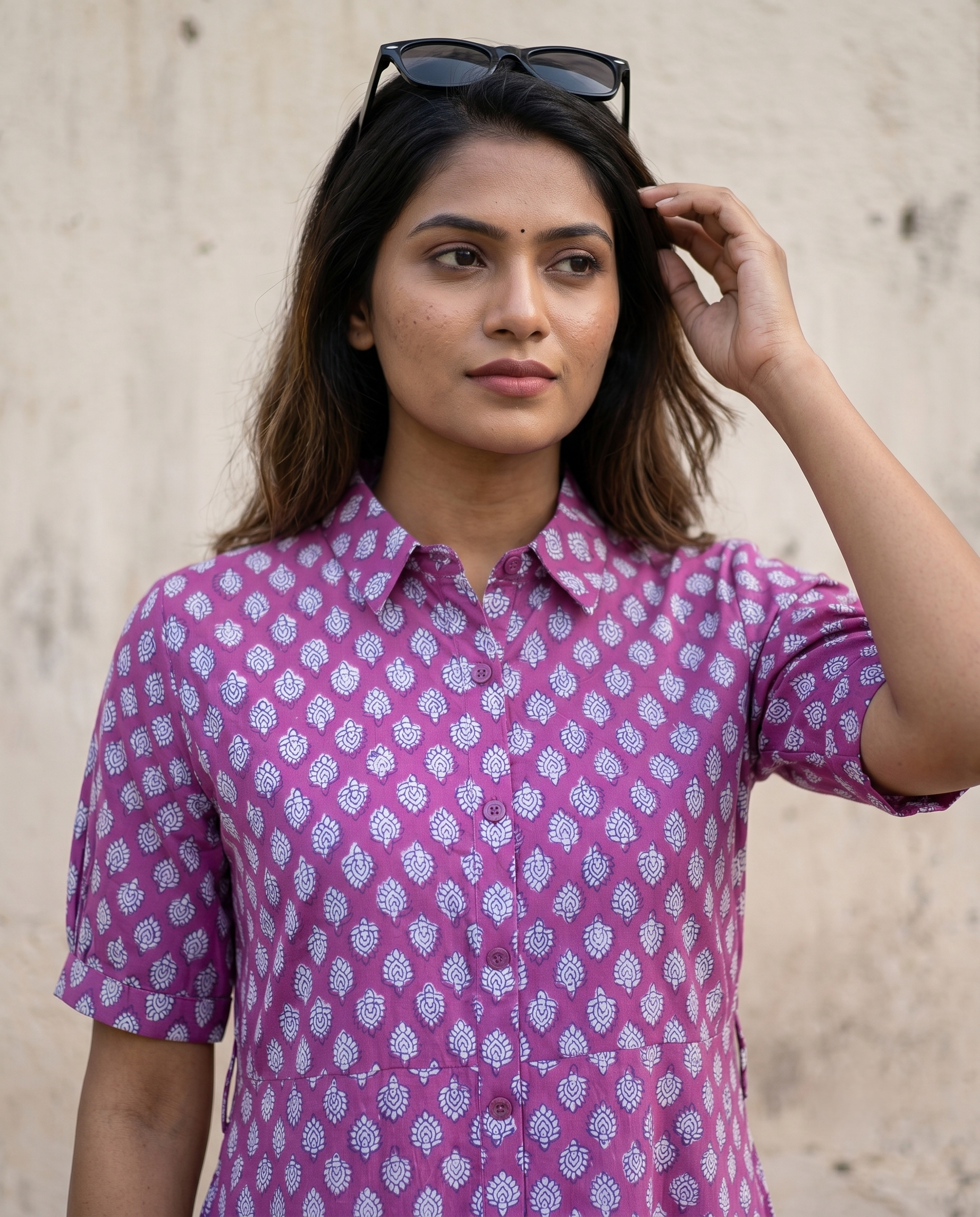 PURPLE COLLAR BELT DRESS (HANDBLOCK)