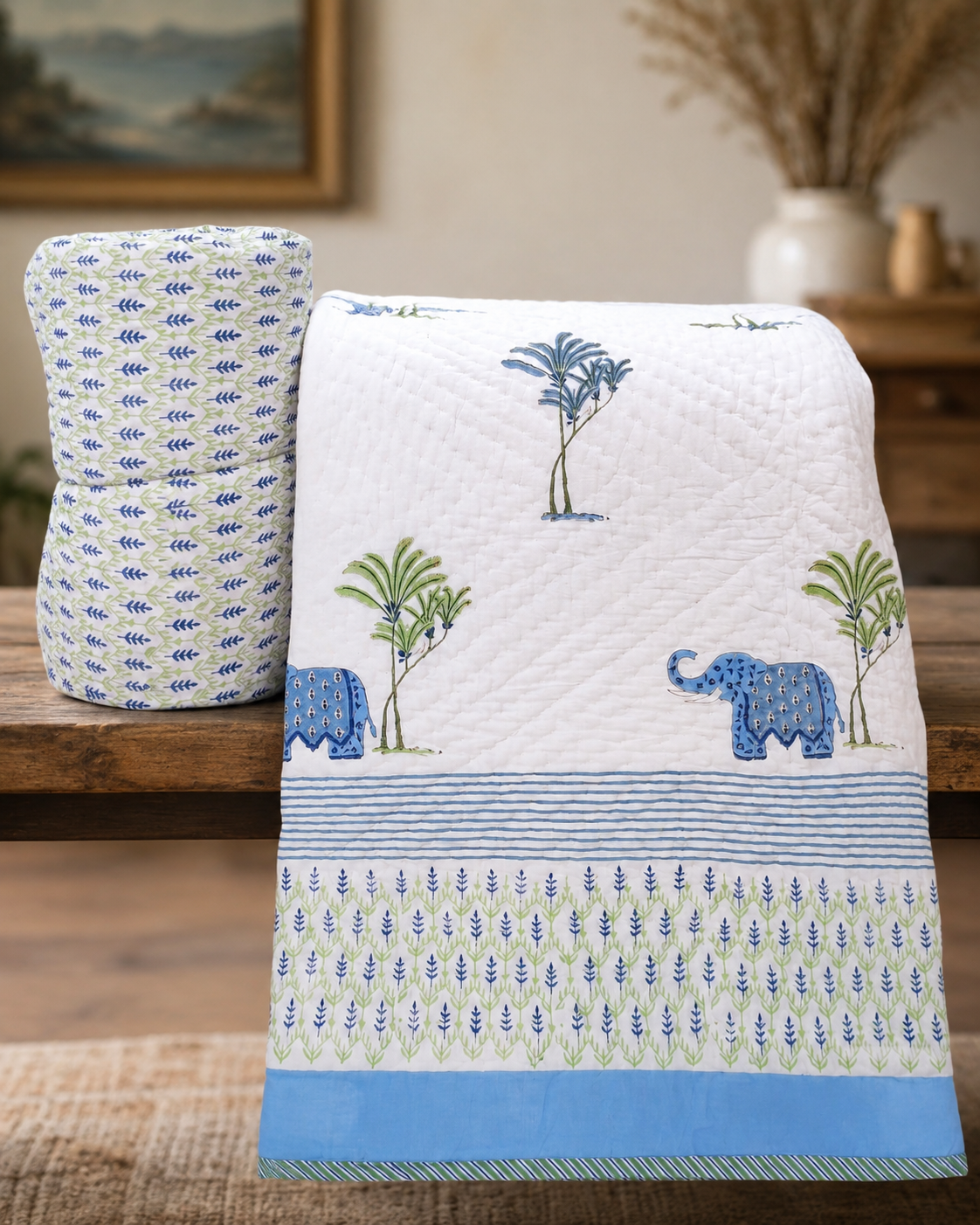 Hand Block Premium Cotton 90*108 Quilt – Sky Blue Elephant & Sage Green
