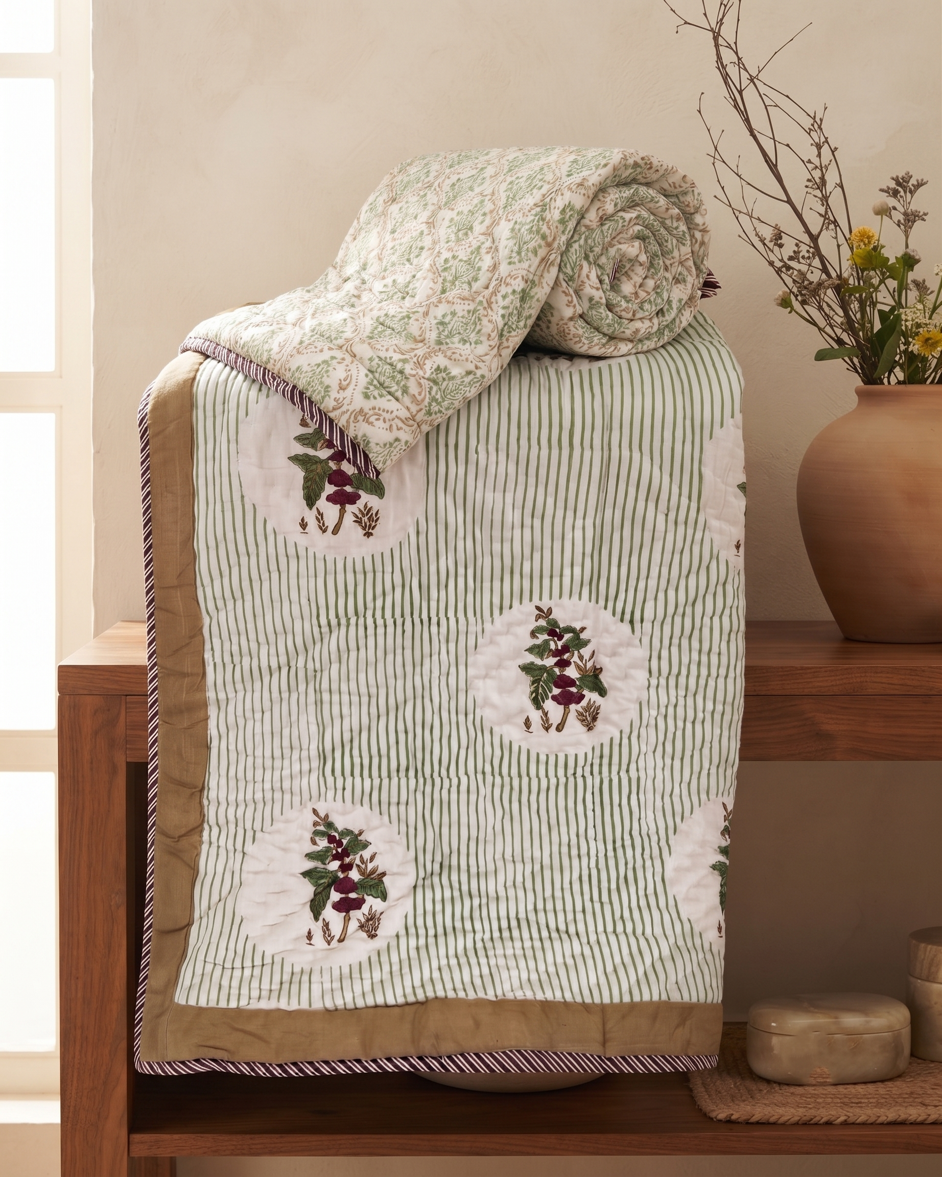Hand Block Reversible Single Quilt Premium Cotton – Sage Green