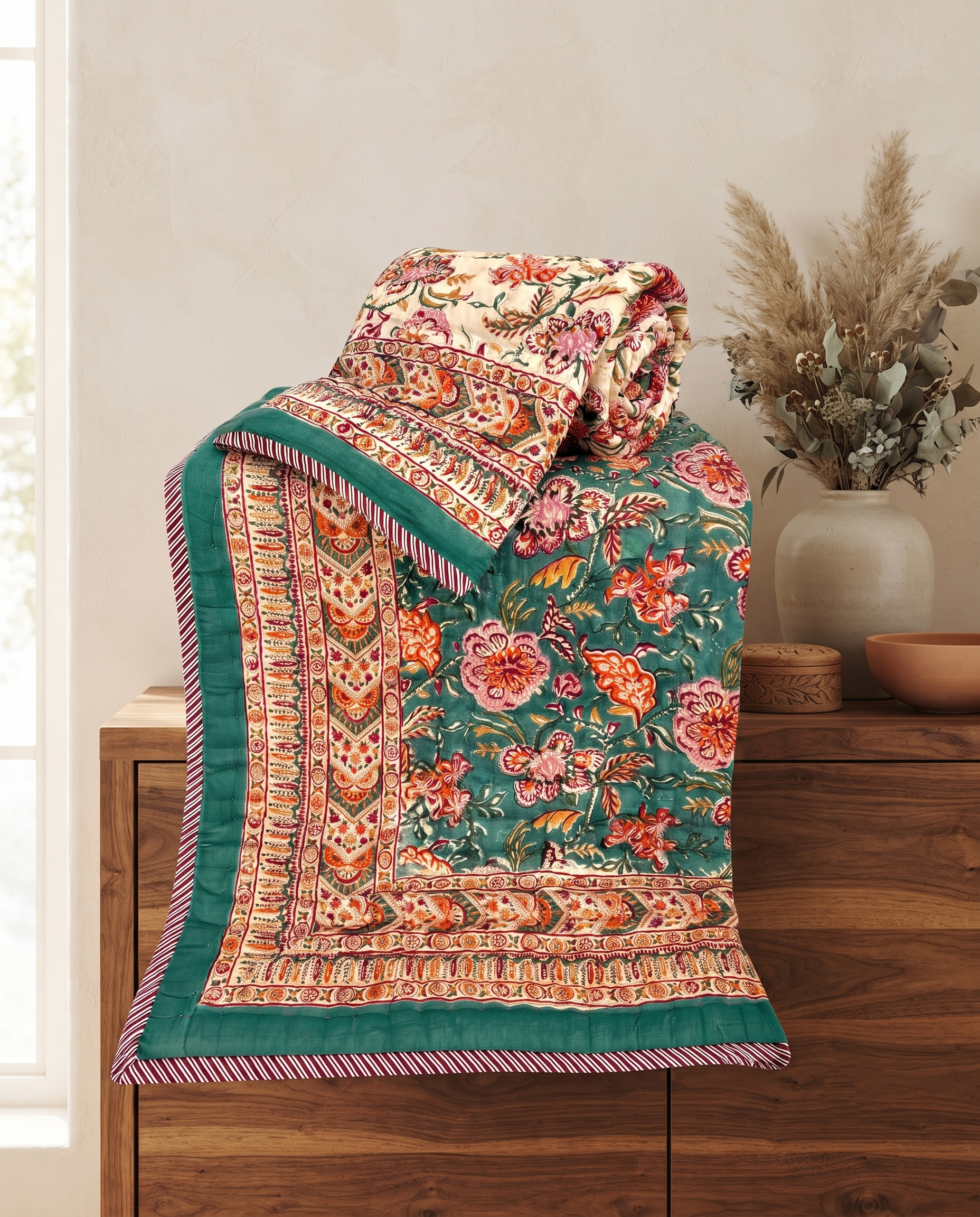 Hand Block Reversible Single Quilt Premium Cotton – Teal Green Floral
