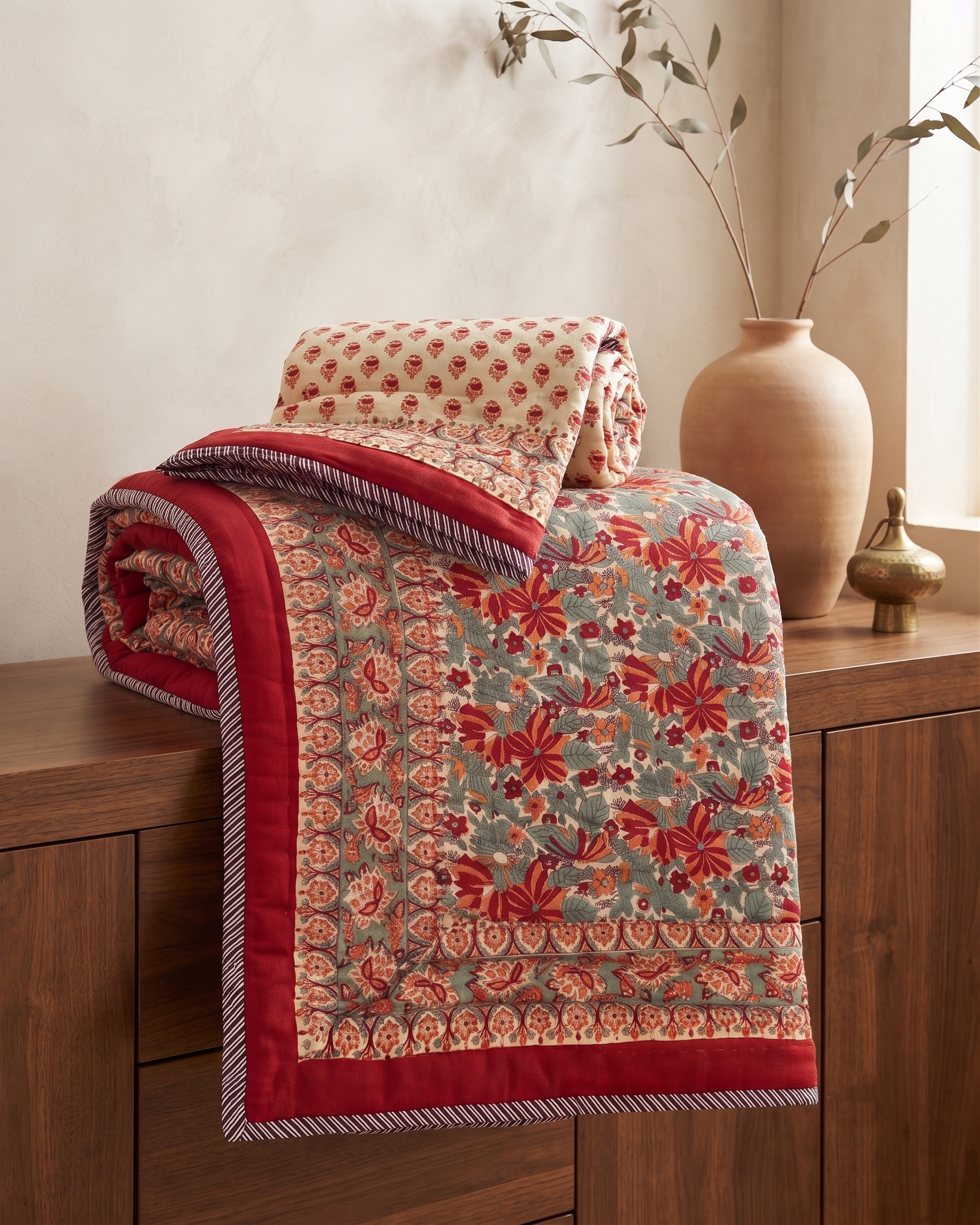 Hand Block Reversible Single Quilt Premium Cotton – Red Floral