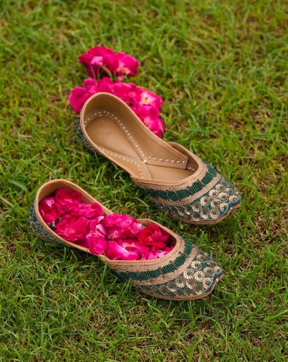 Green Nirala Hara Moti Pure Leather Handcrafted Jutti
