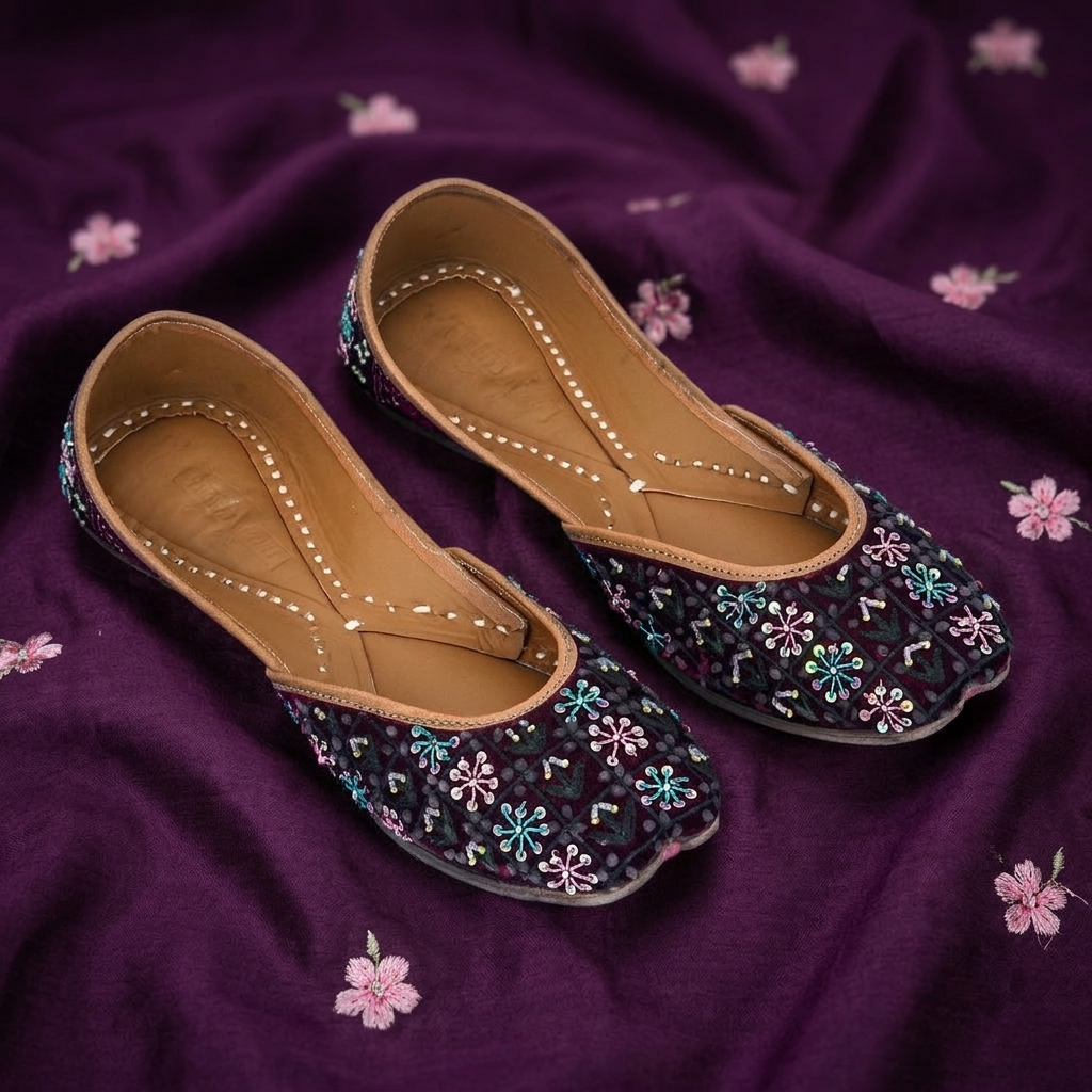 HAND EMBROIDERY SITARA WINE PURE LEATHER HANDCRAFTED JUTTI