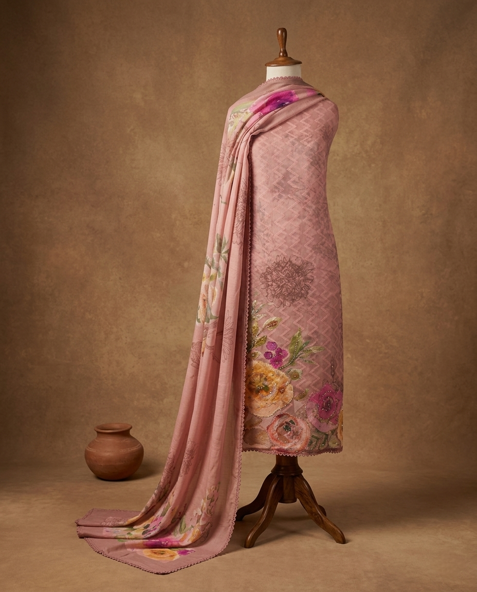 PINK AURA MUL BANARASI BRASSO 3 PC SUIT FABRIC