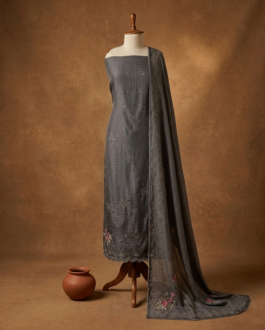 DUSKY GRACE MUL CHANDERI GREY 3 PC SUIT FABRIC