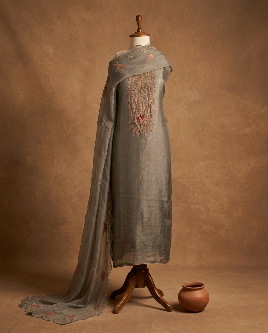 MEHR NOOR MUL CHANDERI GREY 3 PC SUIT FABRIC