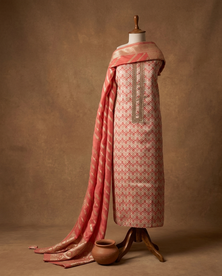 CLASSIC SOFT SILK PINK 3 PC SUIT FABRIC WITH BANARASI DUPPATA