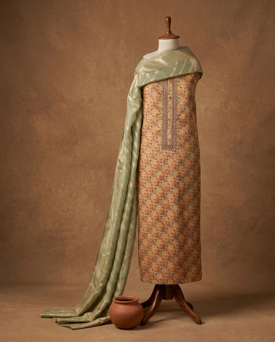 CLASSIC SOFT SILK GREEN 3 PC SUIT FABRIC WITH BANARASI DUPPATA