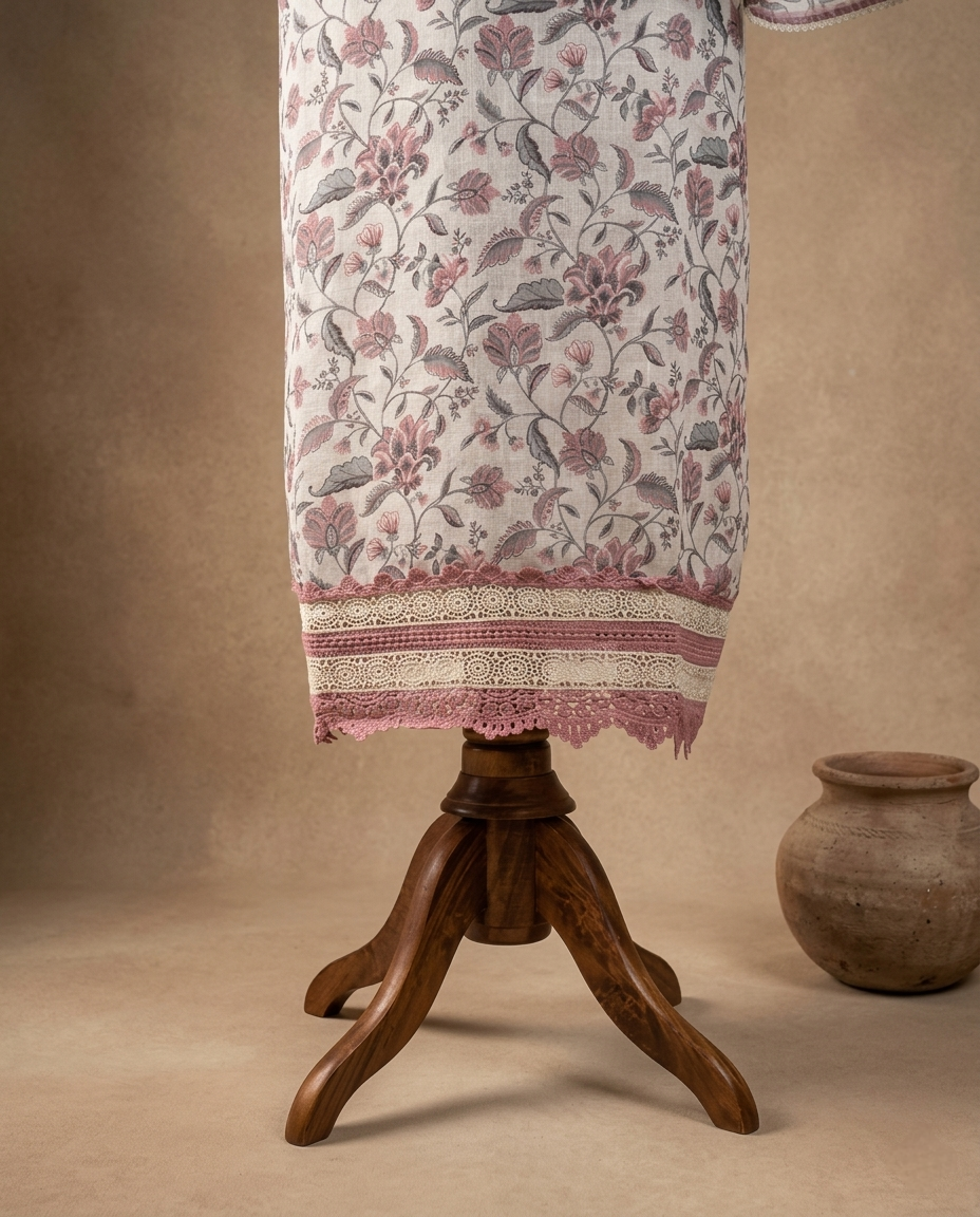 SOFT FLORAL PURE LINEN OFF WHITE / PINK 3 PC SUIT FABRIC