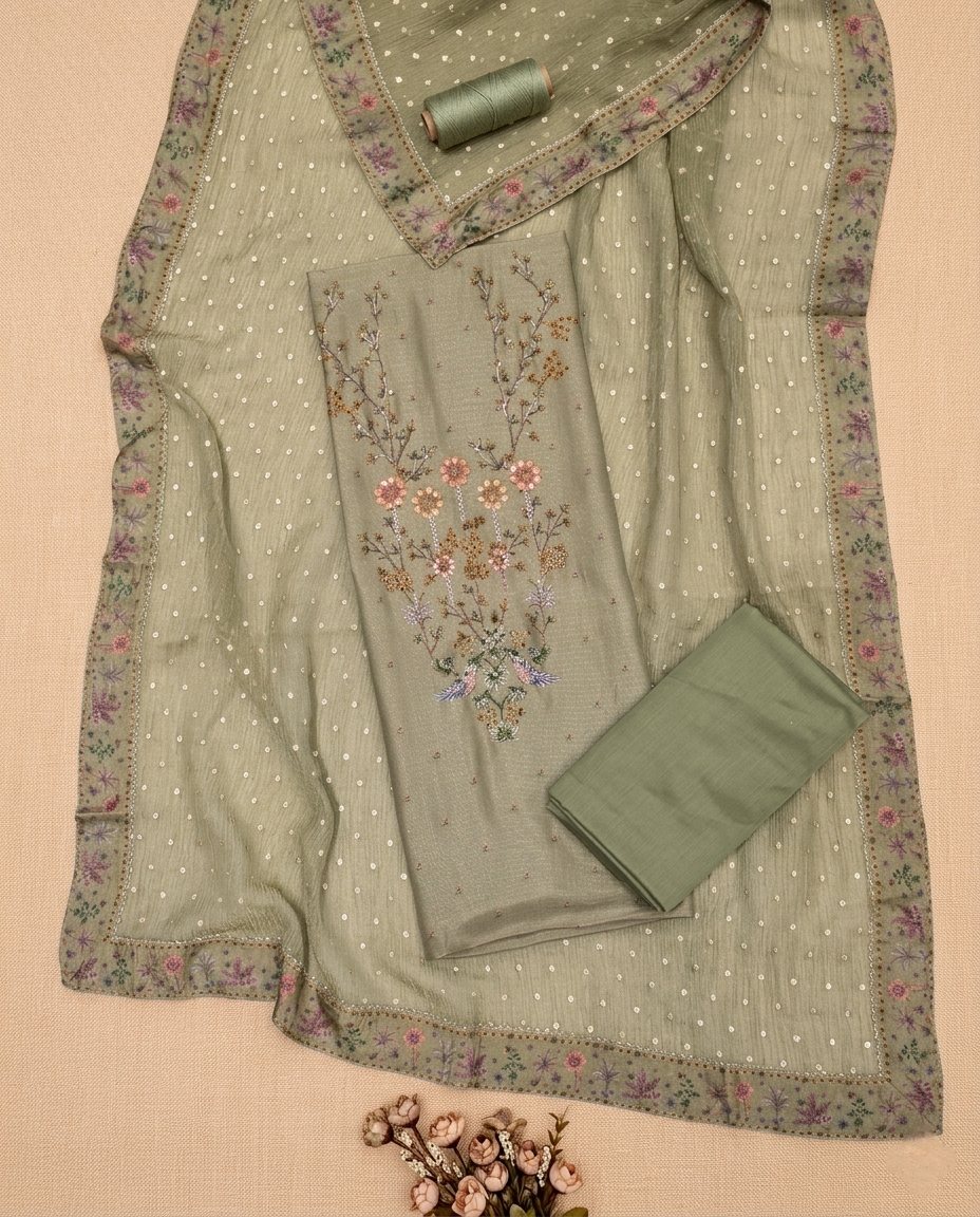 GULZAR HERITAGE MUL CHANDERI GREEN 3 PC SUIT FABRIC