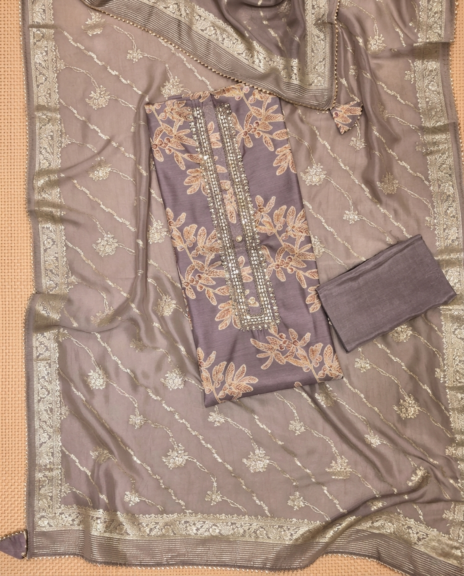 COCOA GRACE MUL CHANDERI MAUVE 3 PC SUIT FABRIC