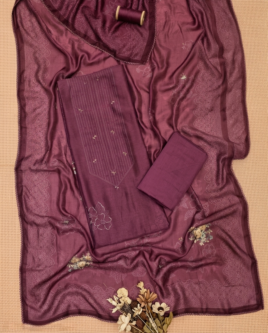 DUSKY GRACE MUL CHANDERI MARRON 3 PC SUIT FABRIC
