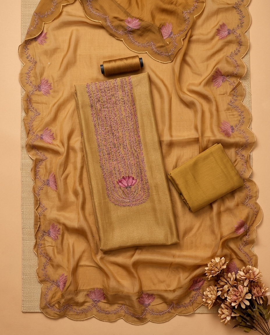 MEHR NOOR MUL CHANDERI YELLOW 3 PC SUIT FABRIC