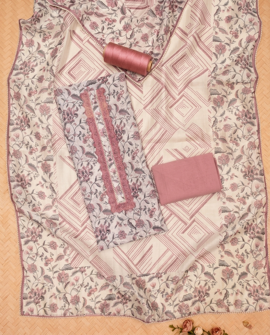 SOFT FLORAL PURE LINEN OFF WHITE / PINK 3 PC SUIT FABRIC