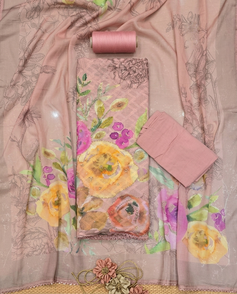 PINK AURA MUL BANARASI BRASSO 3 PC SUIT FABRIC