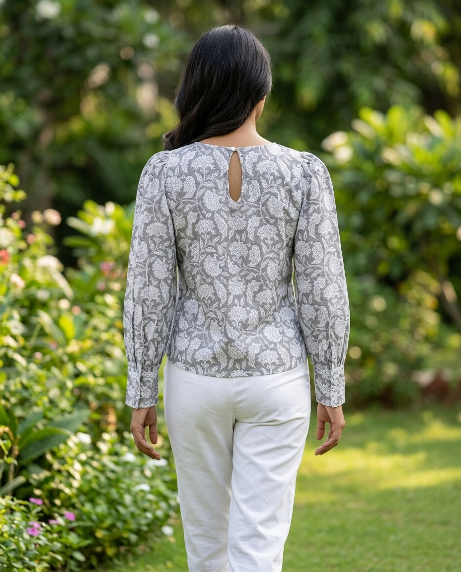 ROSE PUFF HAND BLOCK GREY COTTON TOP