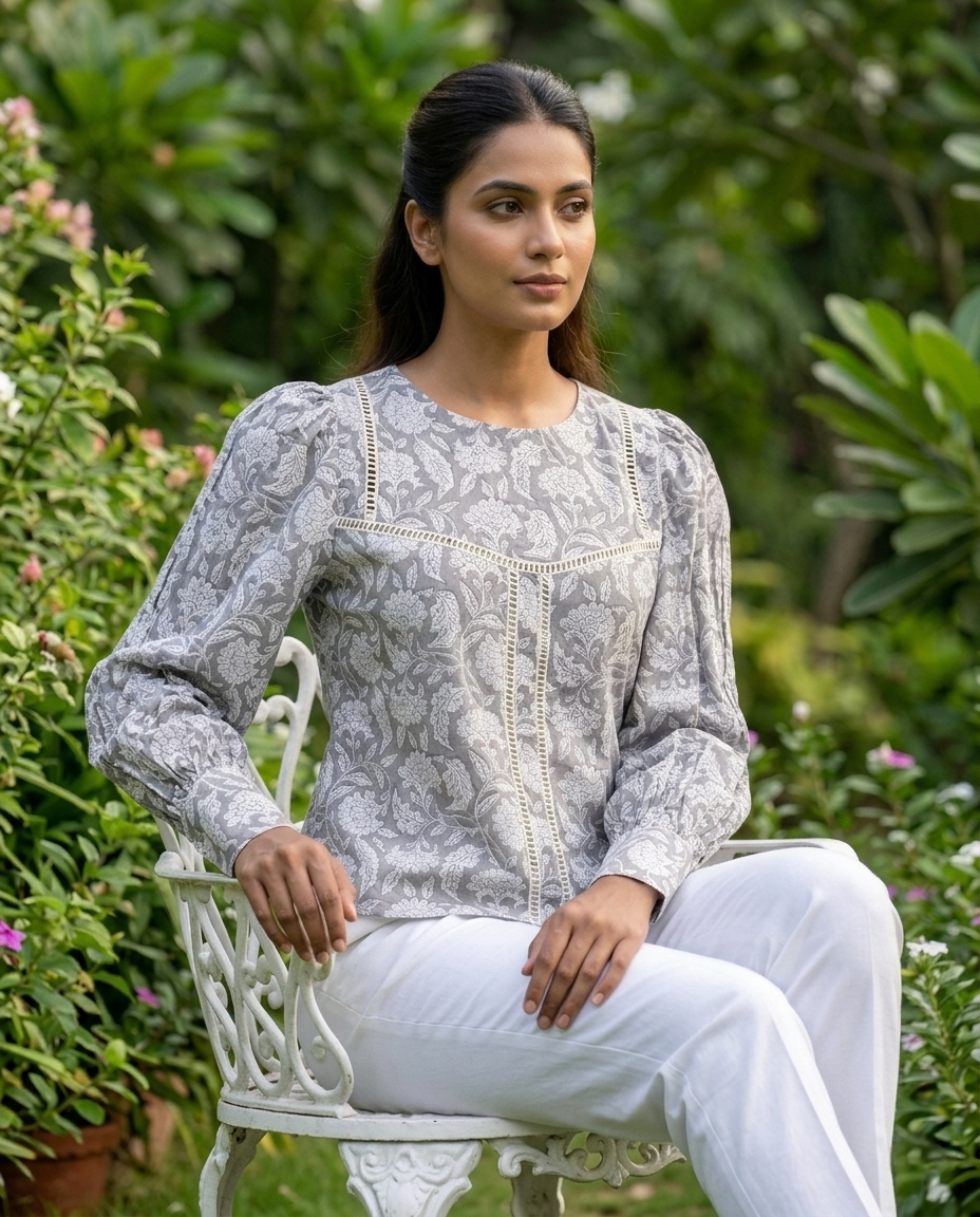 ROSE PUFF HAND BLOCK GREY COTTON TOP