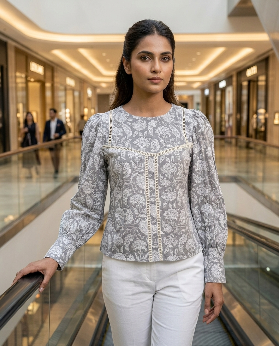ROSE PUFF HAND BLOCK GREY COTTON TOP