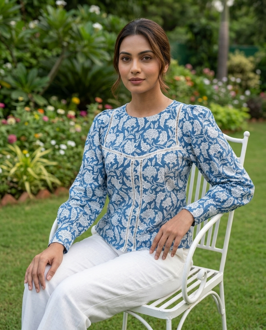 ROSE PUFF HAND BLOCK BLUE COTTON TOP