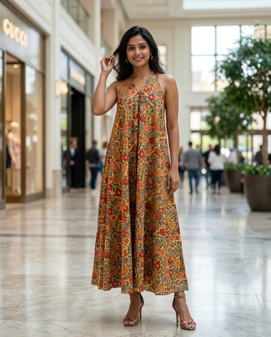 RUBY SHORE HALTER GOLDEN BROWN COTTON DRESS