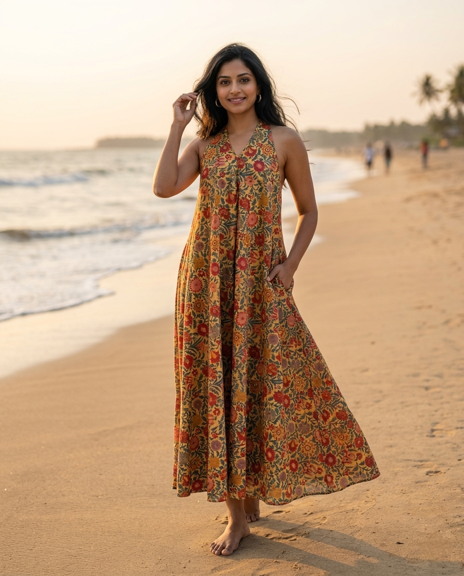 RUBY SHORE HALTER GOLDEN BROWN COTTON DRESS