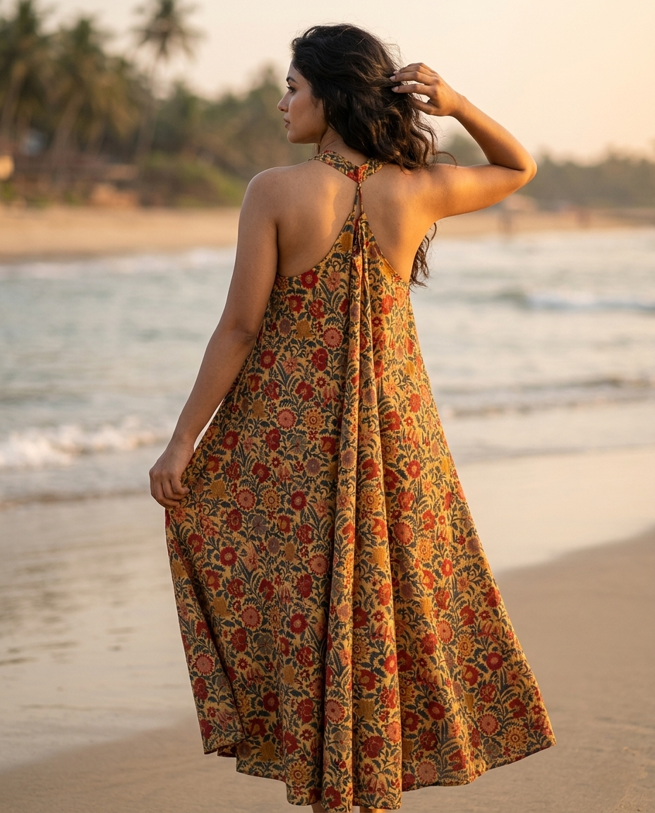 RUBY SHORE HALTER GOLDEN BROWN COTTON DRESS