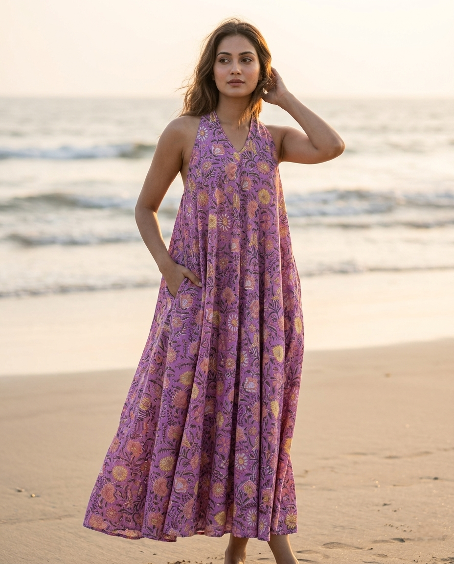 RUBY SHORE HALTER PURPLE COTTON DRESS