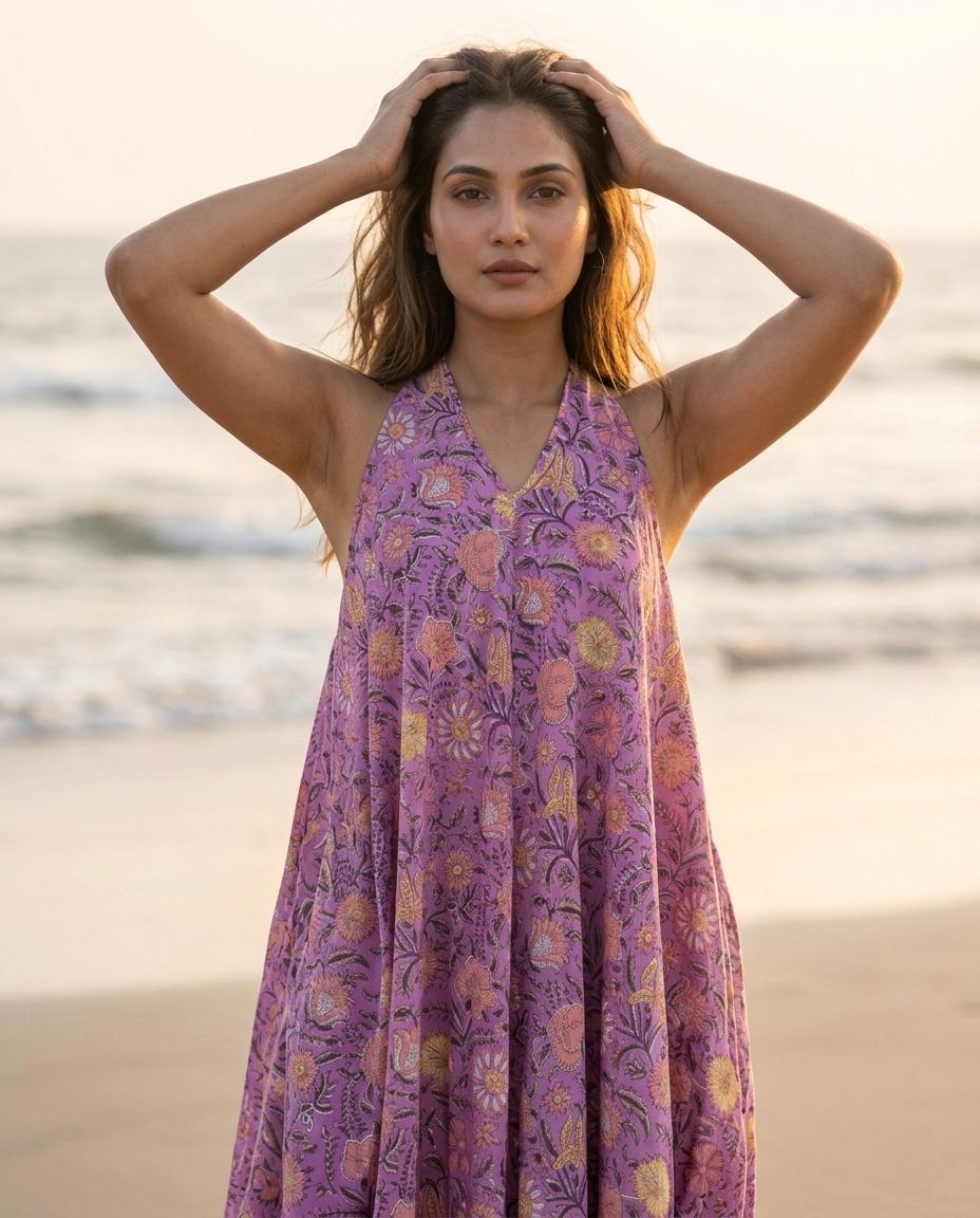 RUBY SHORE HALTER PURPLE COTTON DRESS