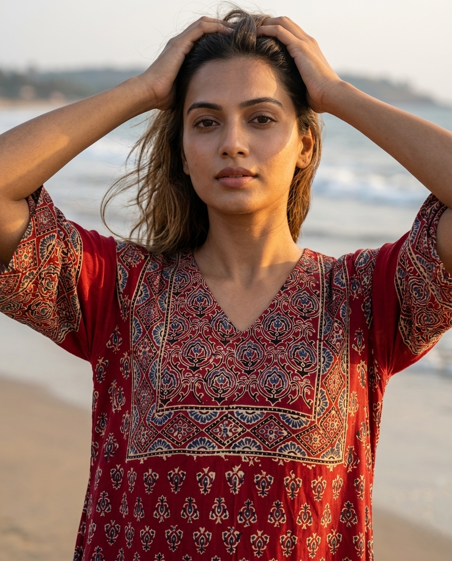 MOSAIC POINT MODAL SILK RED AJRAKH KURTA (HANDBLOCK)