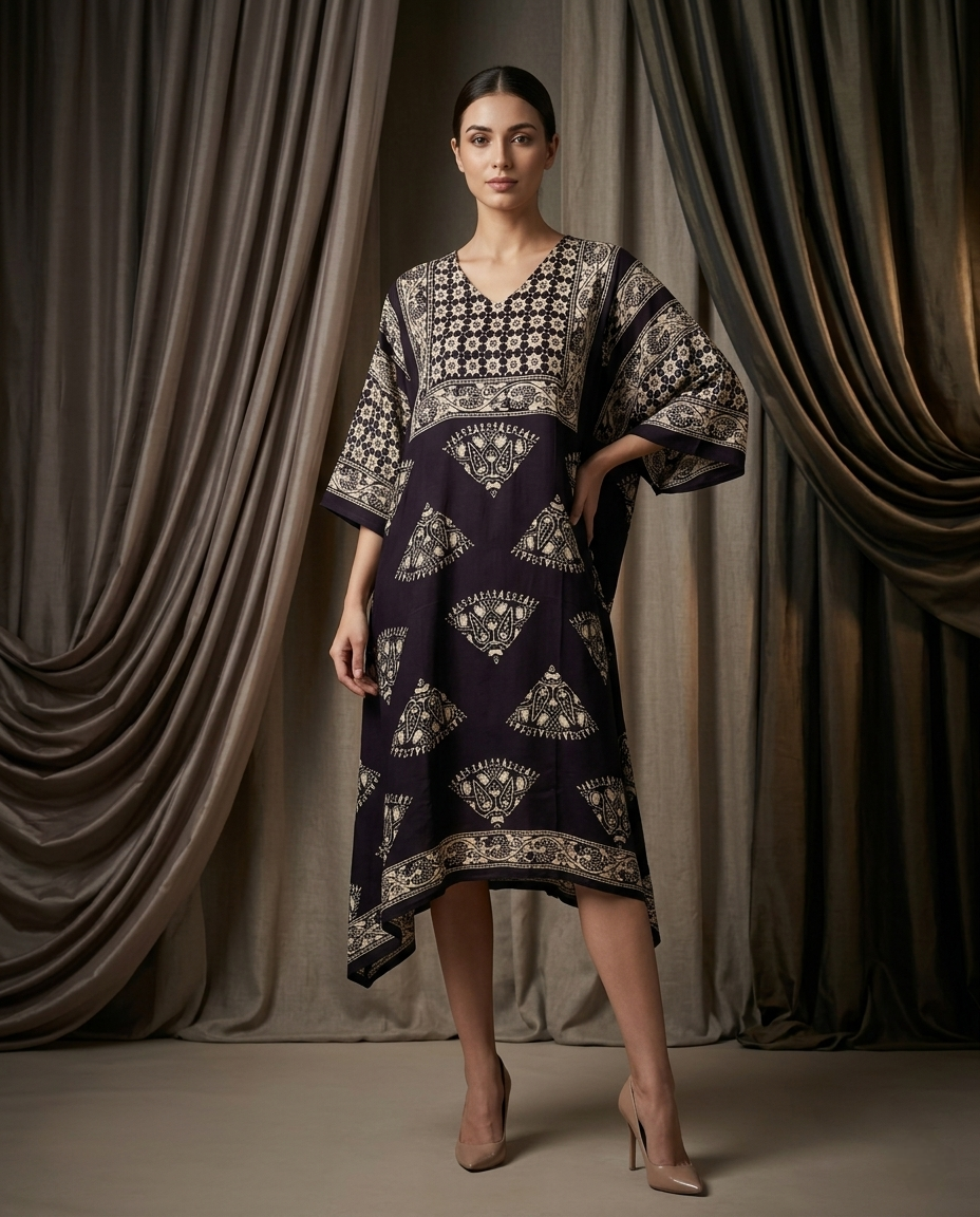MOSAIC POINT MODAL SILK BLACK AJRAKH KURTA (HANDBLOCK)