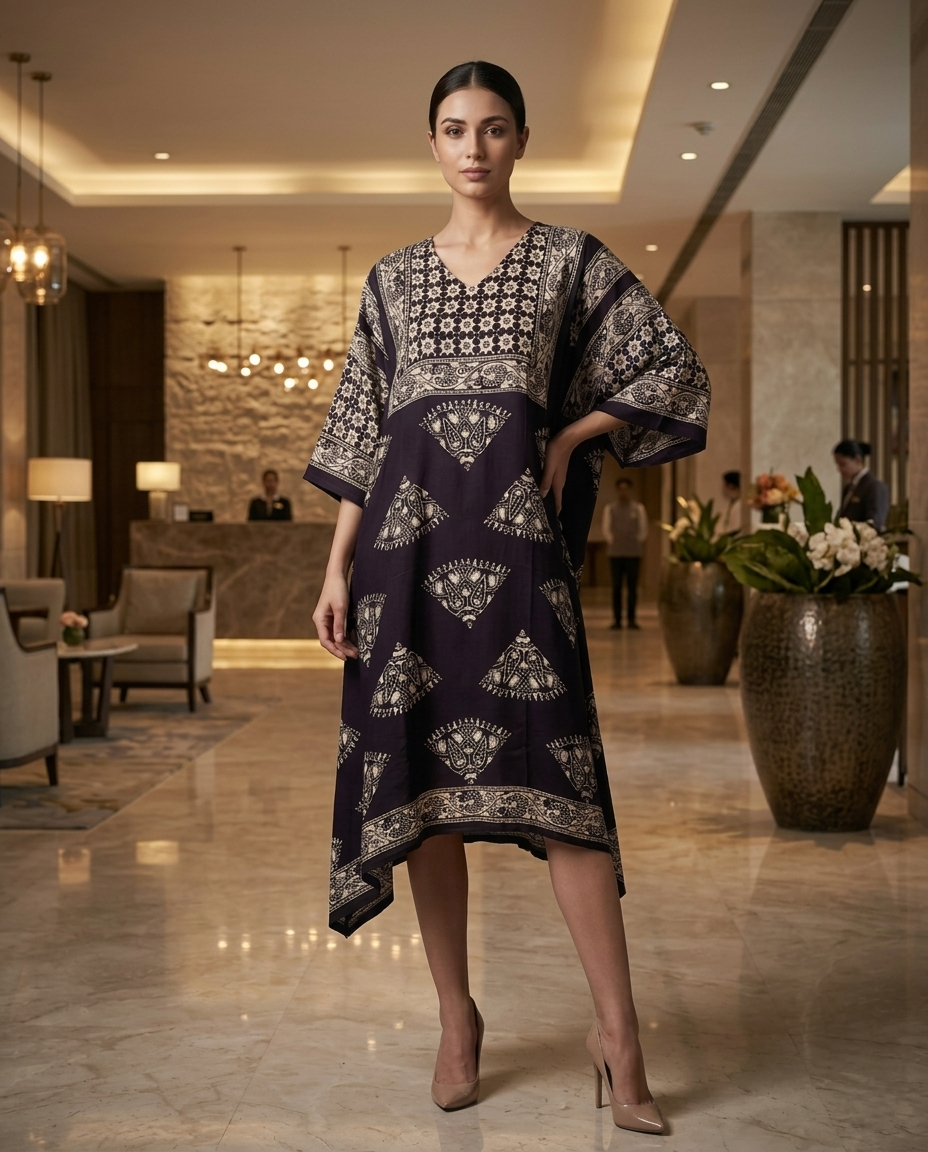 MOSAIC POINT MODAL SILK BLACK AJRAKH KURTA (HANDBLOCK)