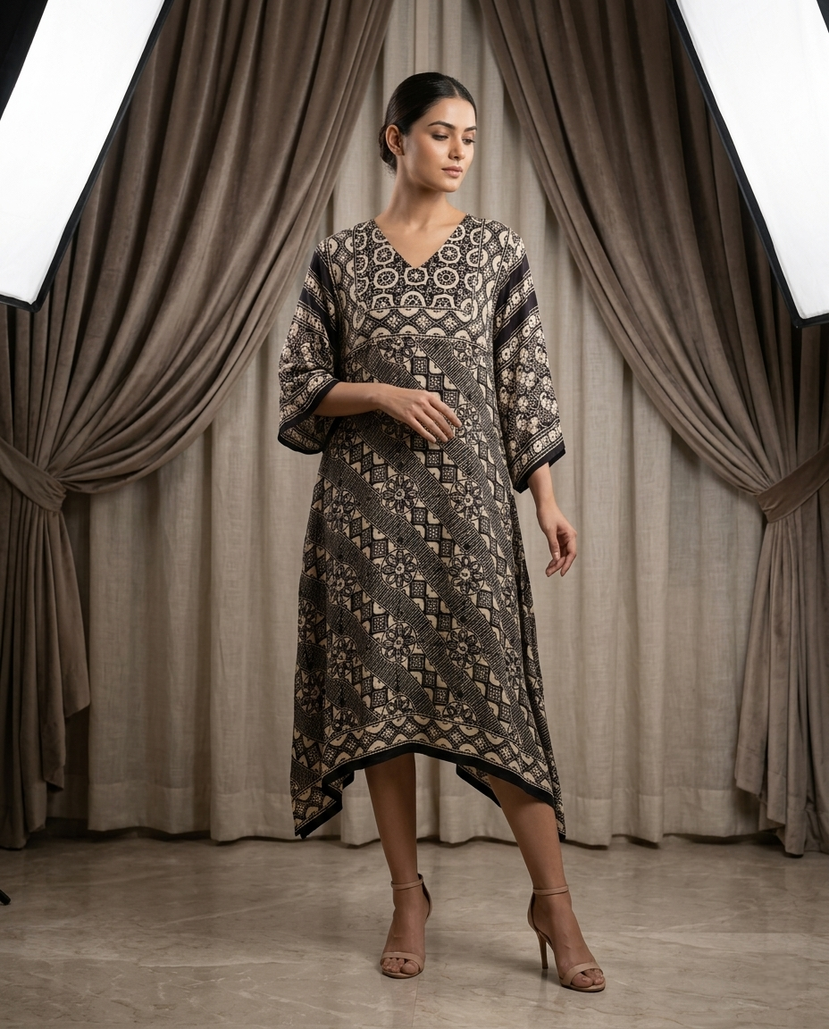 MOSAIC POINT MODAL SILK BLACK AJRAKH KURTA (HANDBLOCK)