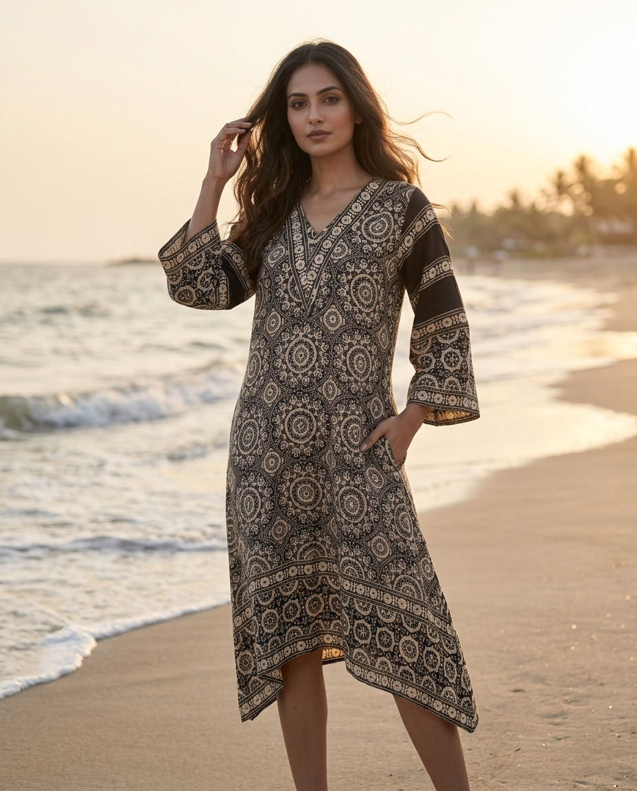 MOSAIC POINT MODAL SILK BLACK AJRAKH KURTA (HANDBLOCK)