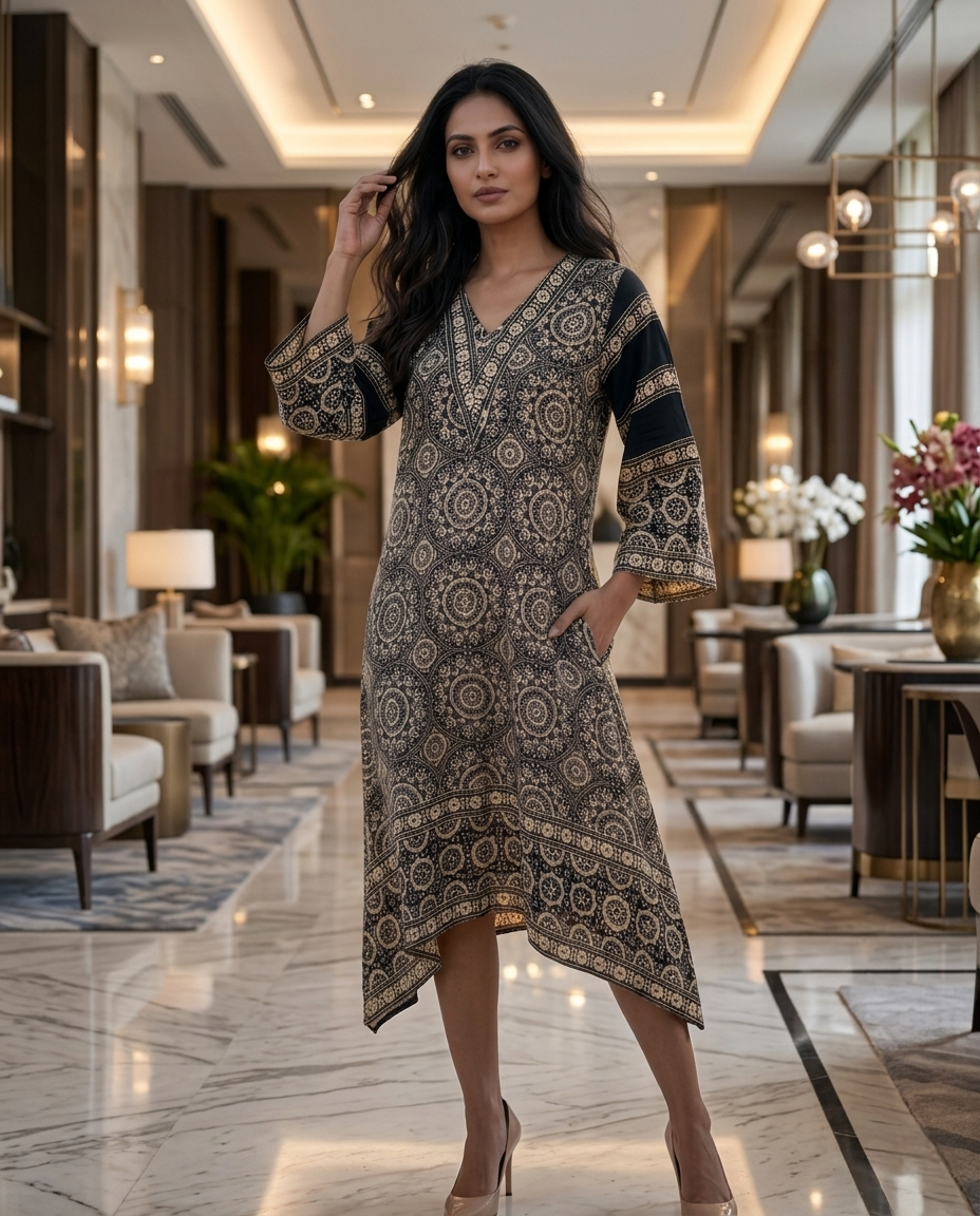 MOSAIC POINT MODAL SILK BLACK AJRAKH KURTA (HANDBLOCK)