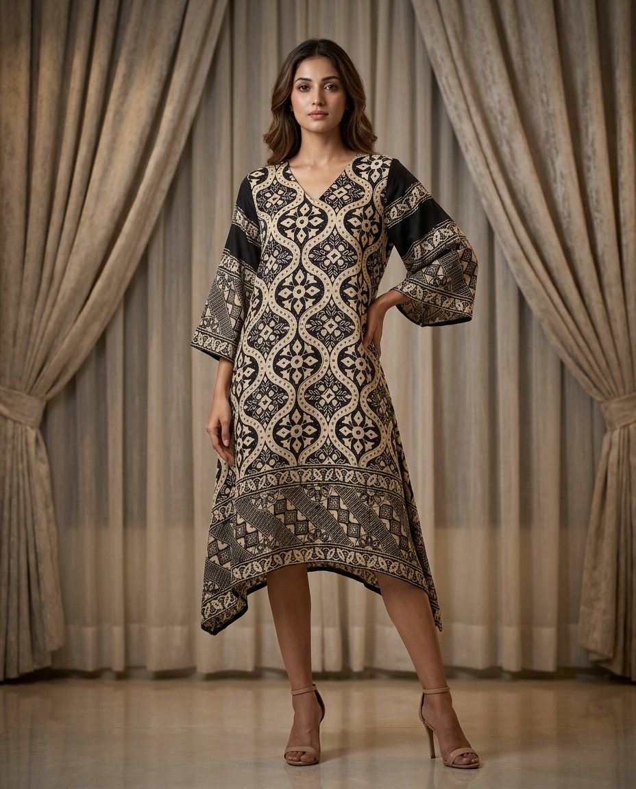 MOSAIC POINT MODAL SILK BLACK AJRAKH KURTA (HANDBLOCK)