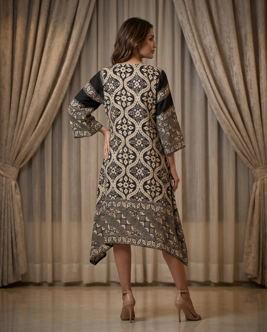 MOSAIC POINT MODAL SILK BLACK AJRAKH KURTA (HANDBLOCK)