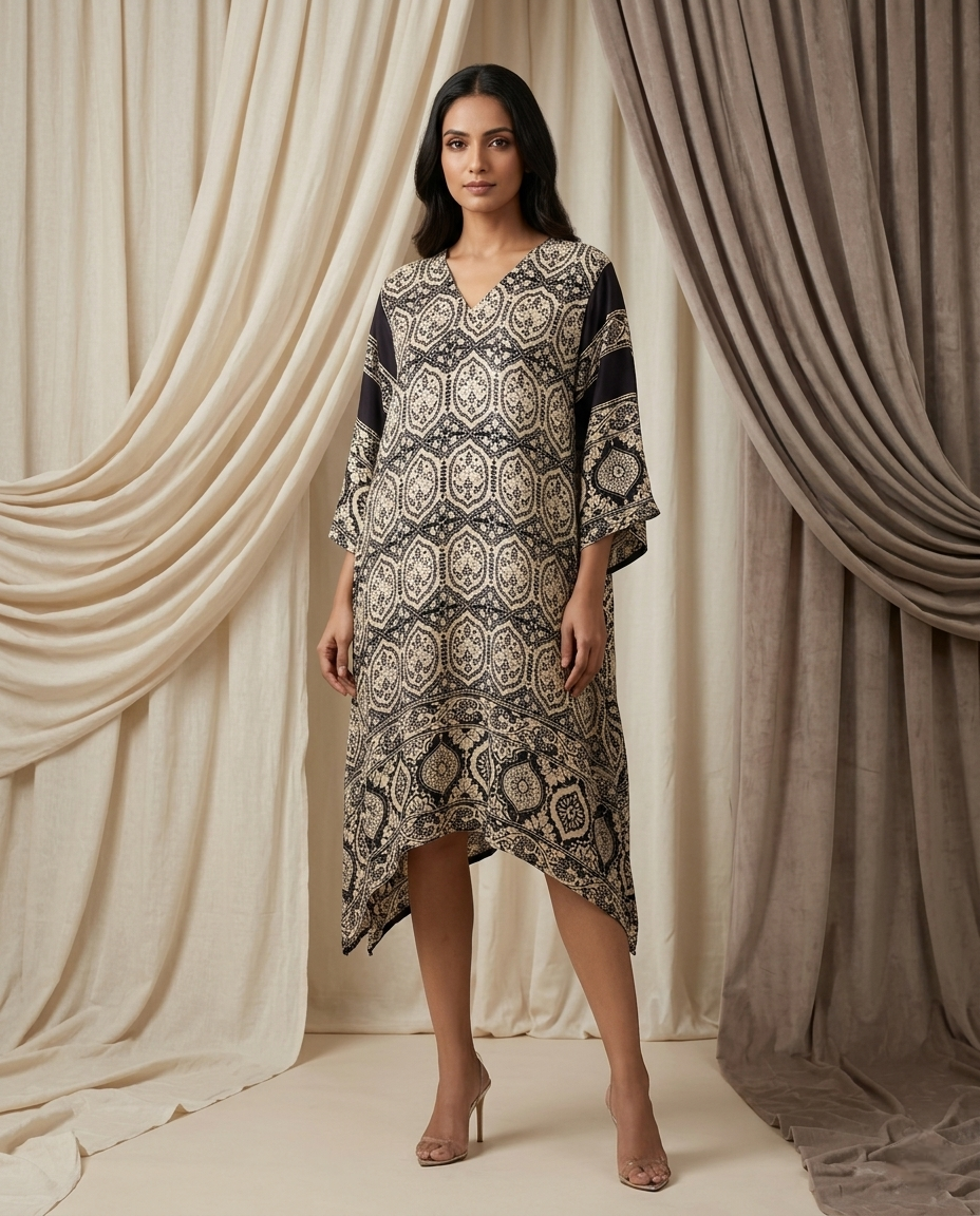 MOSAIC POINT MODAL SILK BLACK AJRAKH KURTA (HANDBLOCK)