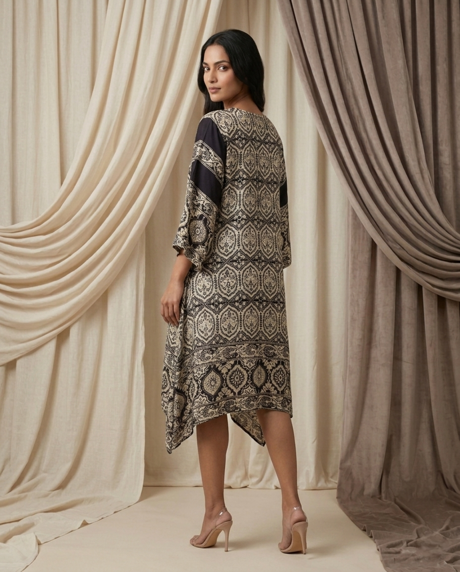 MOSAIC POINT MODAL SILK BLACK AJRAKH KURTA (HANDBLOCK)