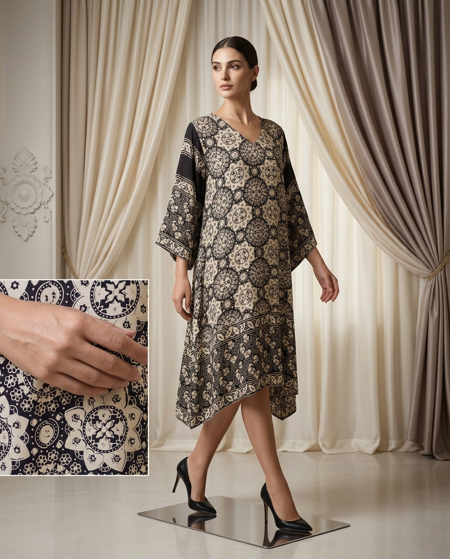 MOSAIC POINT MODAL SILK BLACK AJRAKH KURTA (HANDBLOCK)