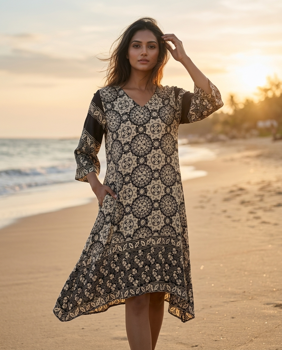 MOSAIC POINT MODAL SILK BLACK AJRAKH KURTA (HANDBLOCK)