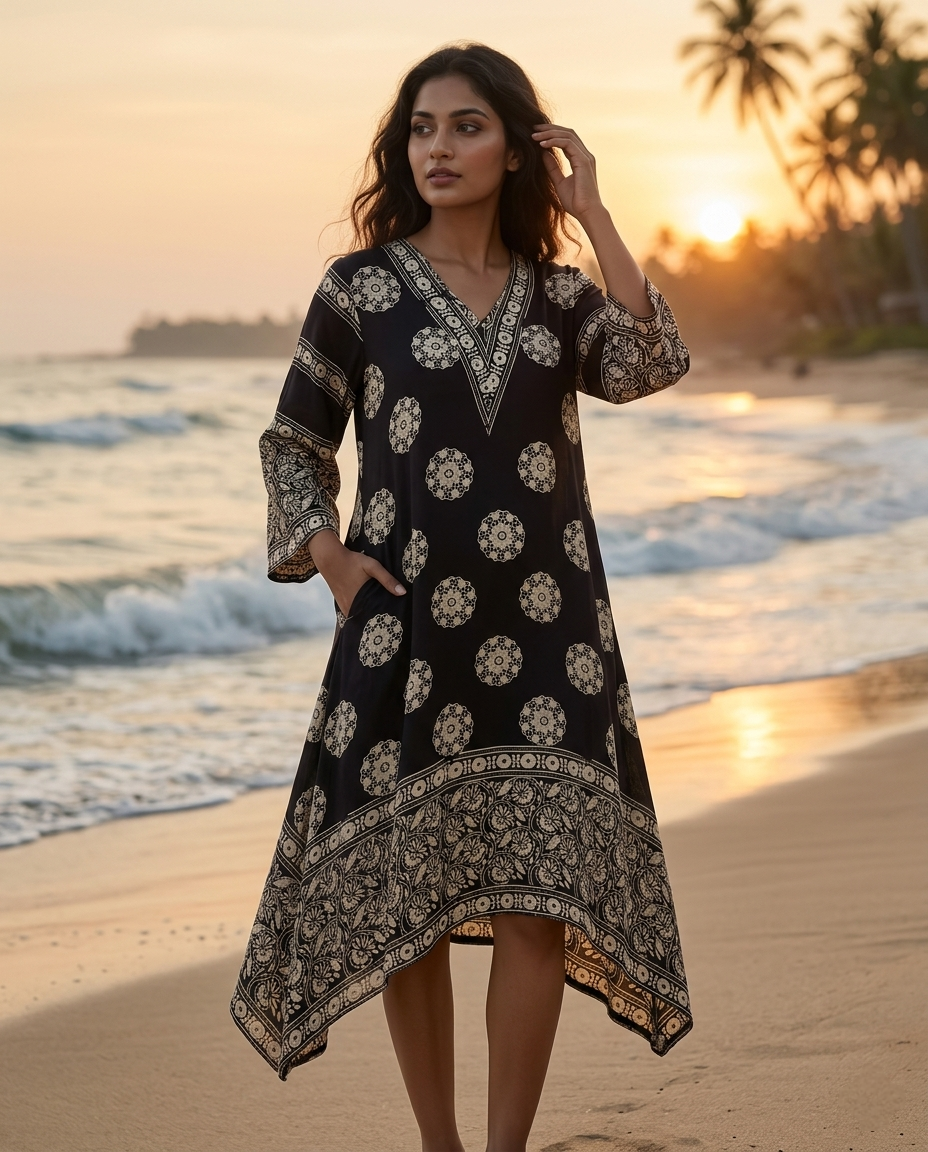 MOSAIC POINT MODAL SILK BLACK AJRAKH KURTA (HANDBLOCK)