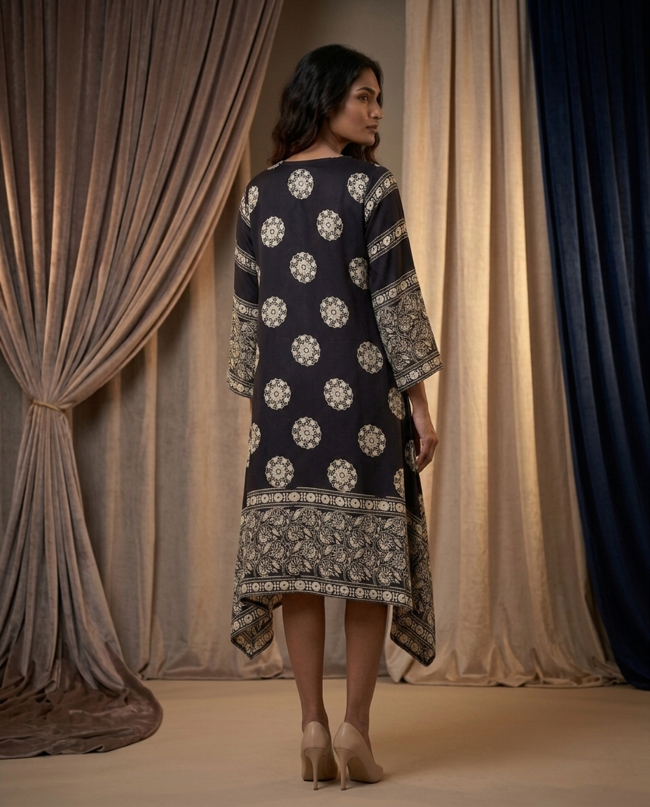 MOSAIC POINT MODAL SILK BLACK AJRAKH KURTA (HANDBLOCK)