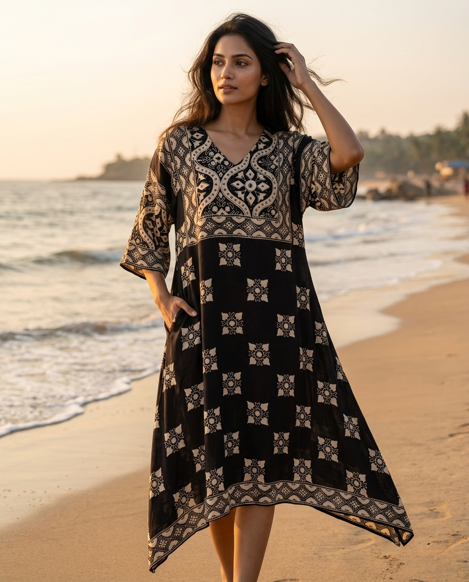 MOSAIC POINT MODAL SILK BLACK AJRAKH KURTA (HANDBLOCK)