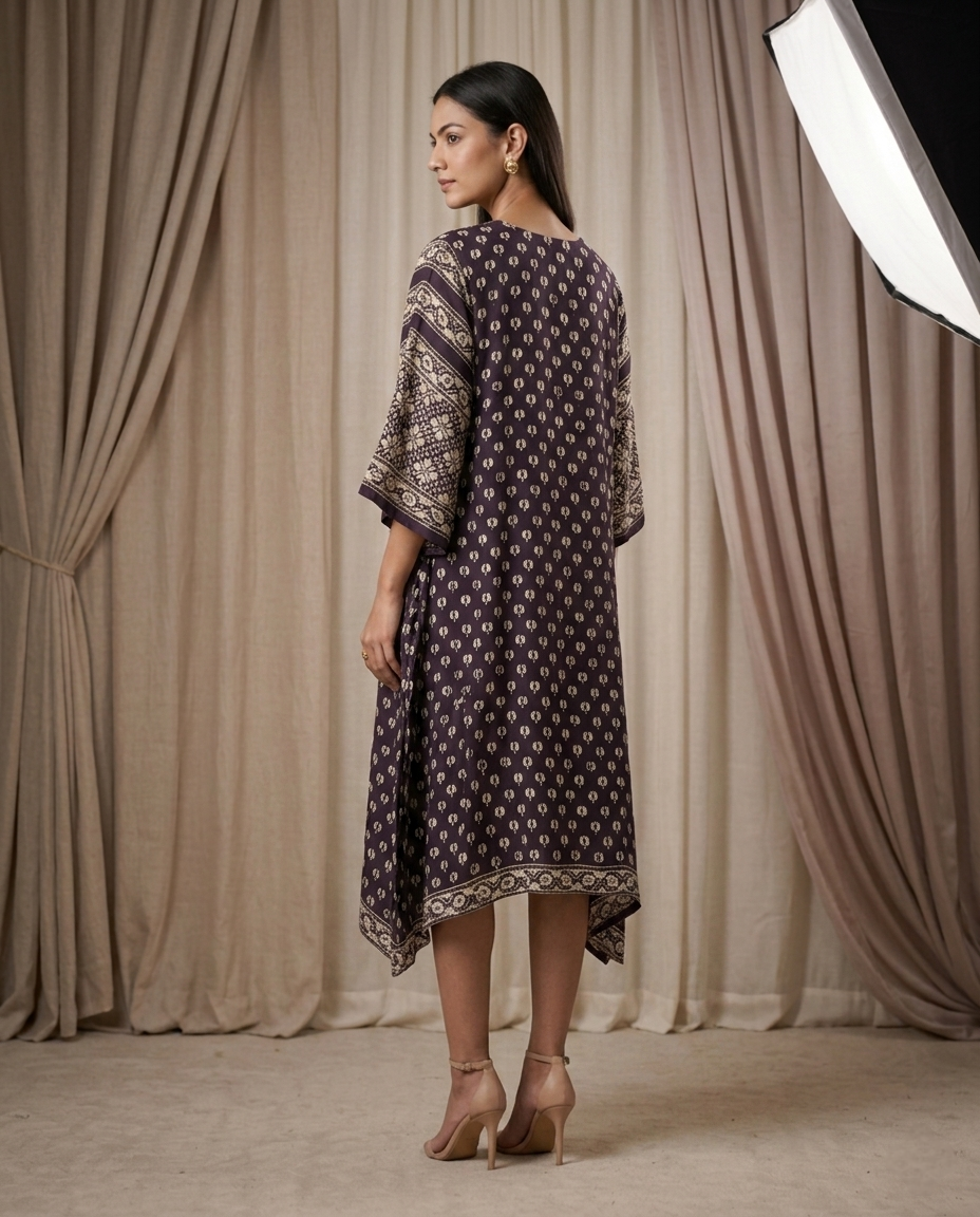 MOSAIC POINT MODAL SILK BLACK AJRAKH KURTA (HANDBLOCK)