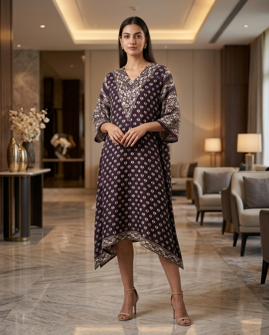 MOSAIC POINT MODAL SILK BLACK AJRAKH KURTA (HANDBLOCK)