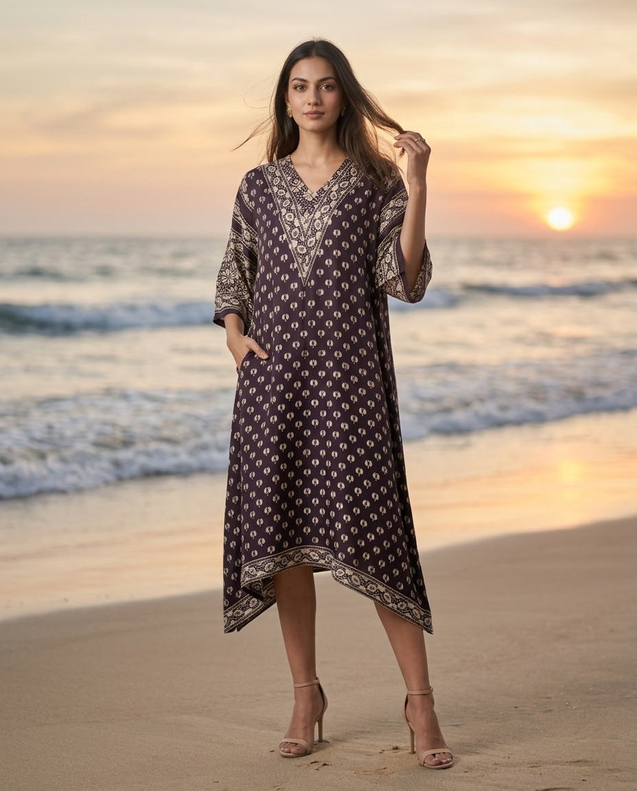 MOSAIC POINT MODAL SILK BLACK AJRAKH KURTA (HANDBLOCK)