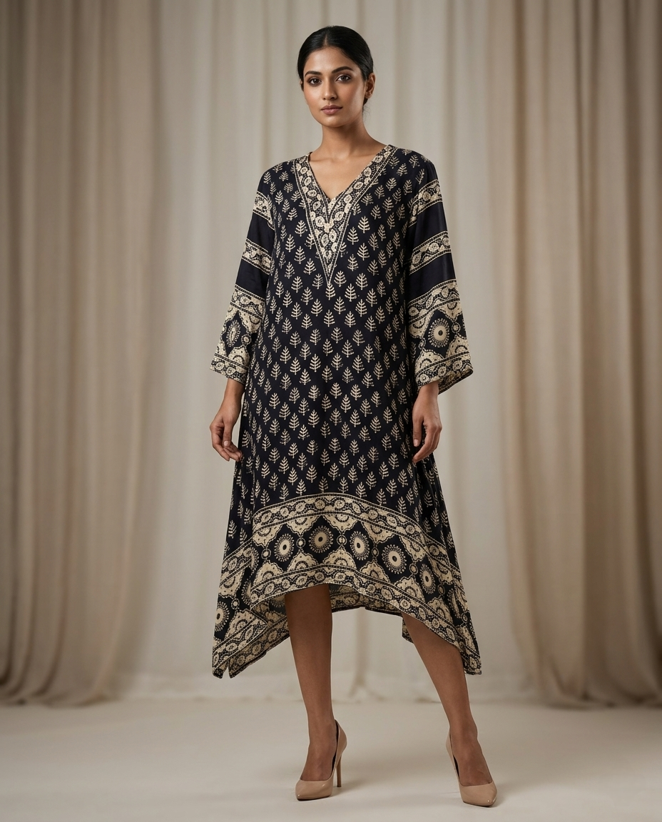 MOSAIC POINT MODAL SILK BLACK AJRAKH KURTA (HANDBLOCK)