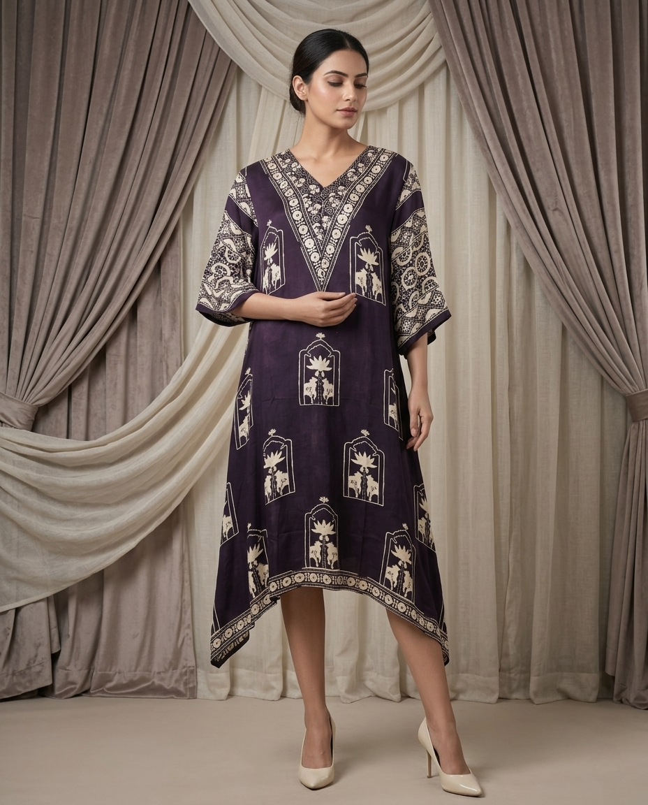 MOSAIC POINT MODAL SILK BLACK AJRAKH KURTA (HANDBLOCK)