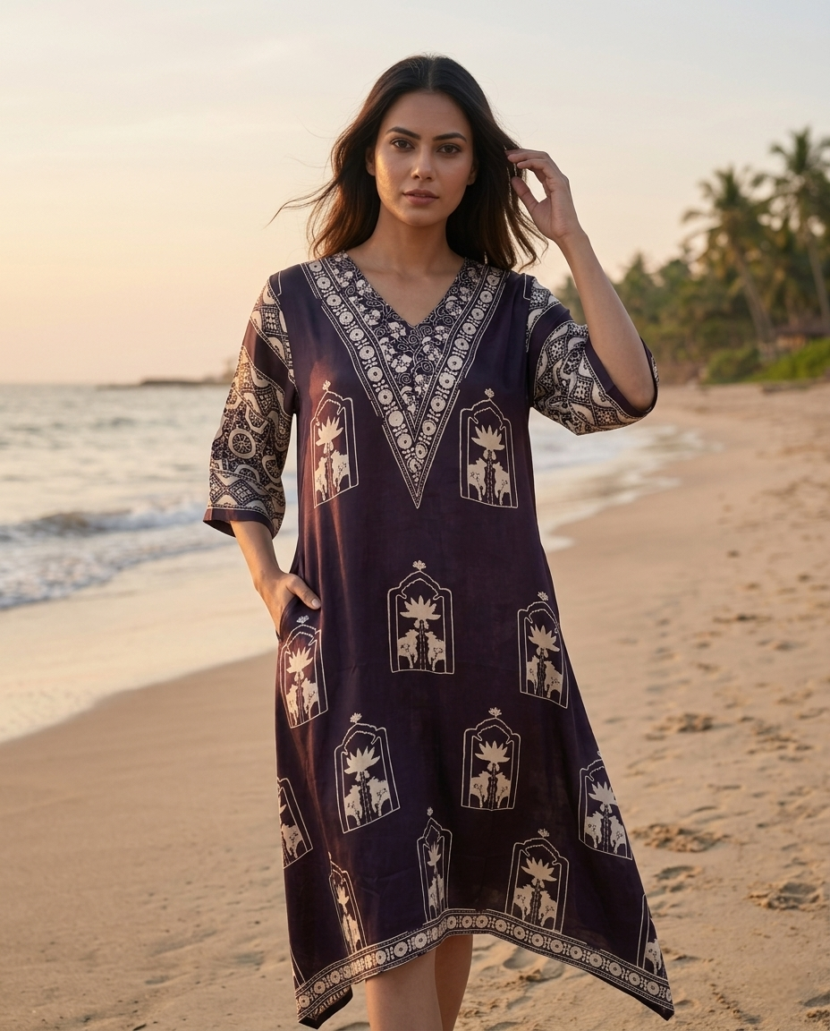 MOSAIC POINT MODAL SILK BLACK AJRAKH KURTA (HANDBLOCK)